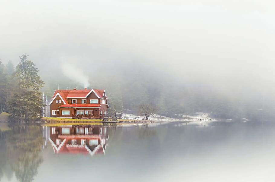 the lake house, architecture, misty, fog, landscape, turkey, travel, smoky, water, lake