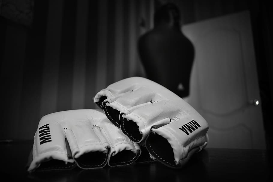pair, white, mma gloves, table, gloves, fighter, fight, sports, martial arts, training