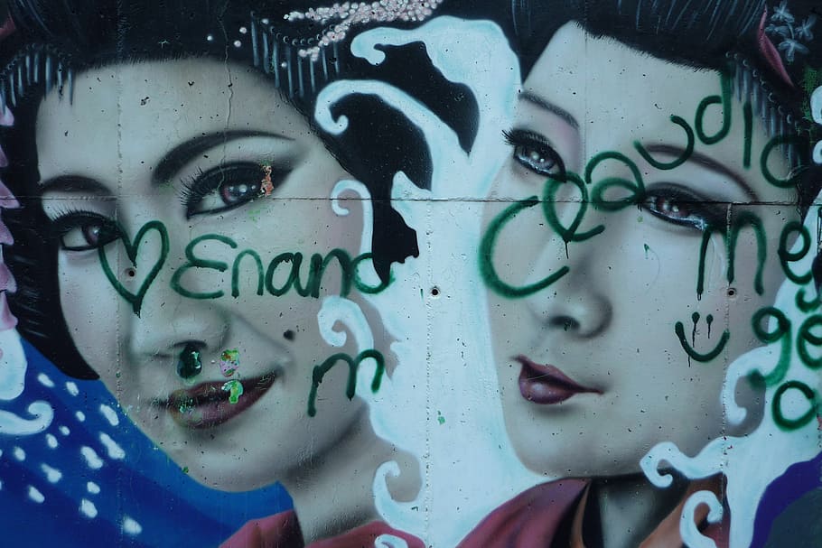 grafite, gueixa, pintura, mural, parede, arte de rua, deterioração, mimado, urbano, mulheres