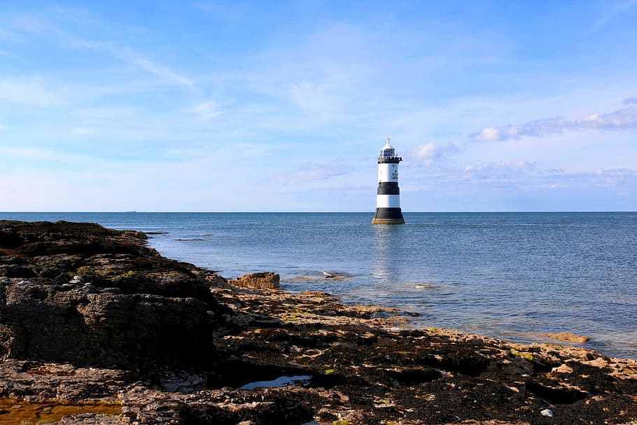 penmon, beach, point, lighthouse, penmon point, anglesey, north wales, uk, sea, coast