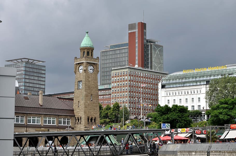 Landungsbrücken, Elba, Hamburgo, sala filarmónica de elba, bota, vista a la ciudad, puerto, día lluvioso, arquitectura, Inglaterra