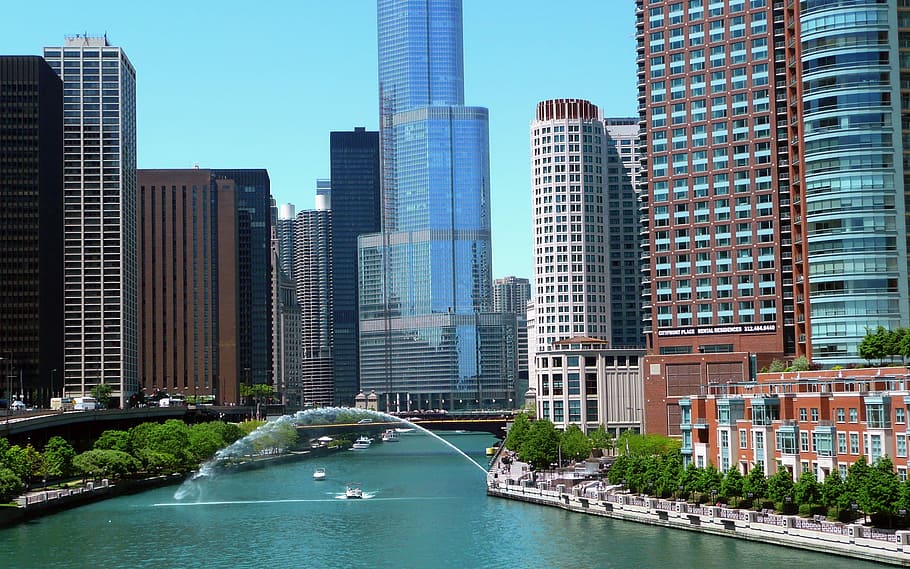 antena, fotografía, cuerpo, agua, edificios, durante el día, Chicago, Illinois, Estados Unidos, Centro de la ciudad