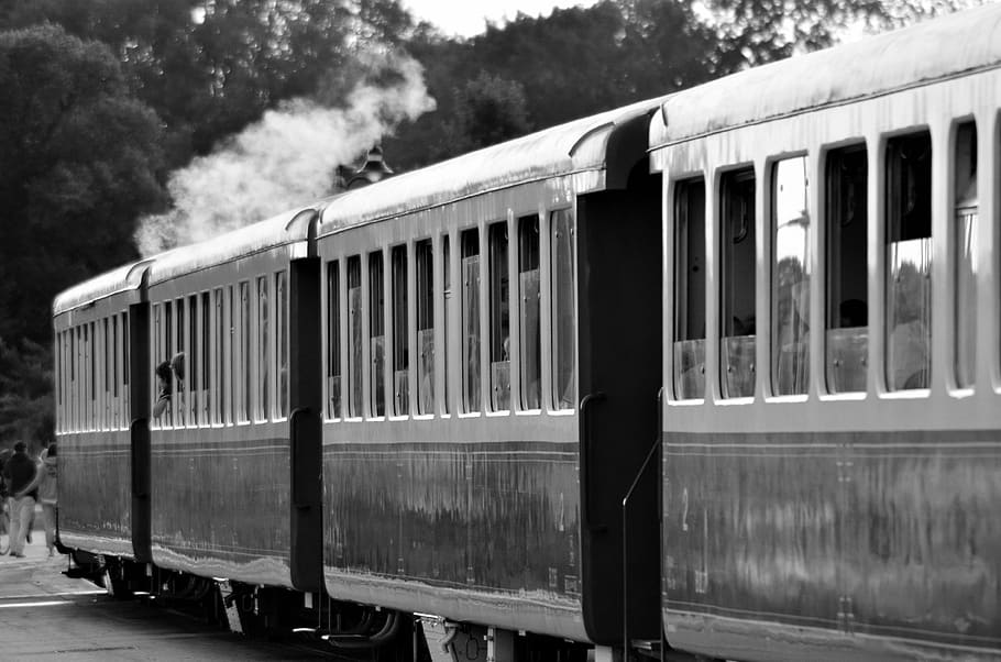 foto em escala de cinza, trem, locomotiva, anterior, locomotiva a vapor, faixa, trem a vapor, modelo ferrovia, vapor, locomotiva velha