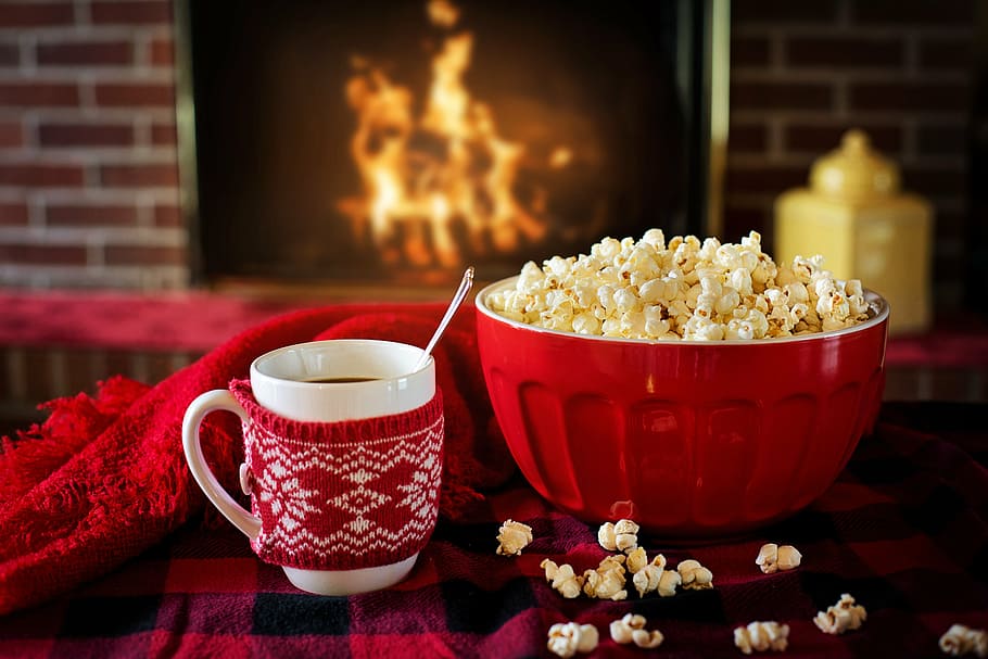 red, bowl, popcorn, coffee mug, warm and cozy, winter, coffee, fire in fireplace, cozy, warm
