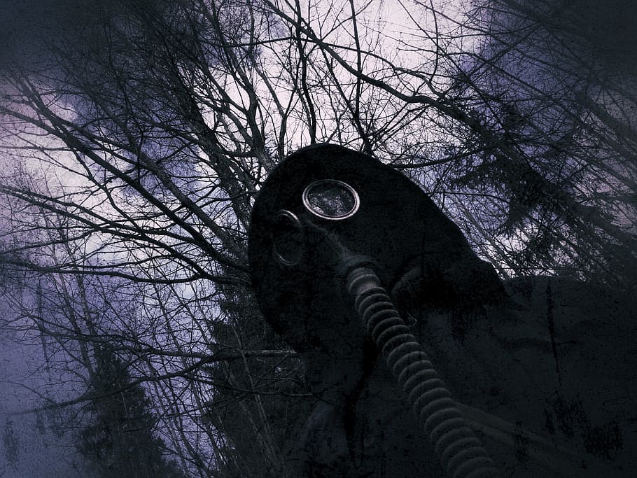 person, black, hooded coat, gas mask, forest, mask, respirator, nuclear, dark, radiation