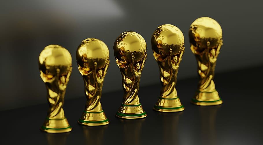 five gold-colored trophies, trophy, soccer, sport, cup, football, competition, champion, championship, game