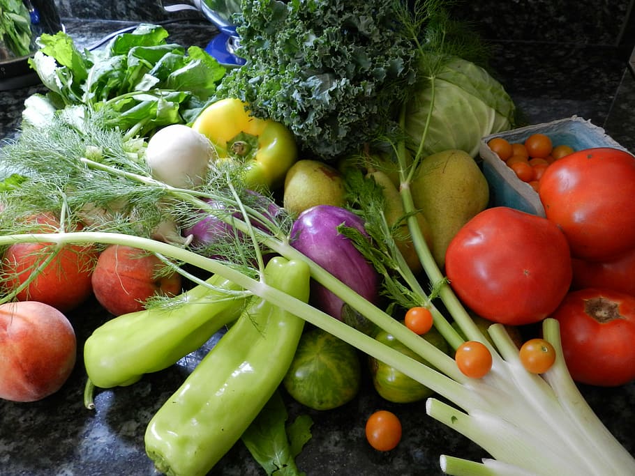 assorted, vegetable, fruits, black, granite surface, vegetables, fruit, fresh, cabbage, food