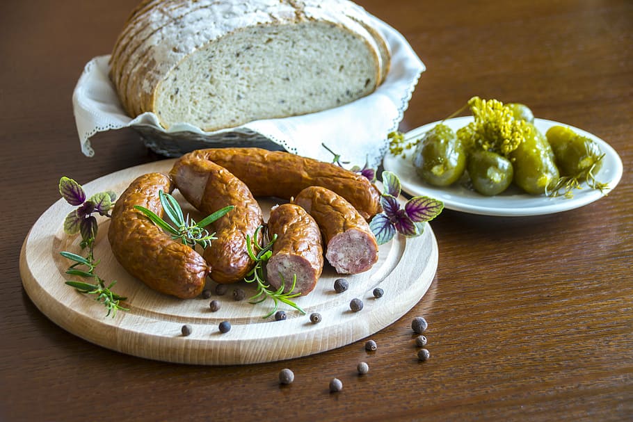 cooked, sausages, plate., pickled, cucumber, plate, bread, basket, healthy regional dishes, country sausage