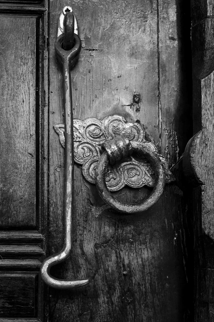 Cerradura, llave, puerta, gancho, Estambul, en, antiguo, scully, blanco y negro, aldaba