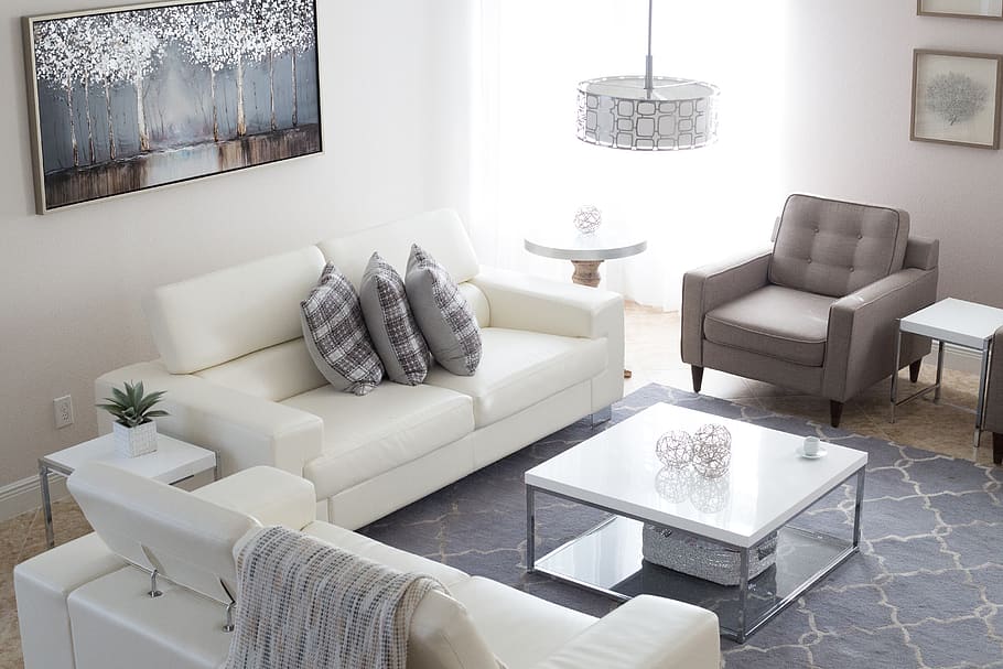 interior, diseño, mueble, sofá, lámpara, mesa, planta, pintura, mínimo, blanco