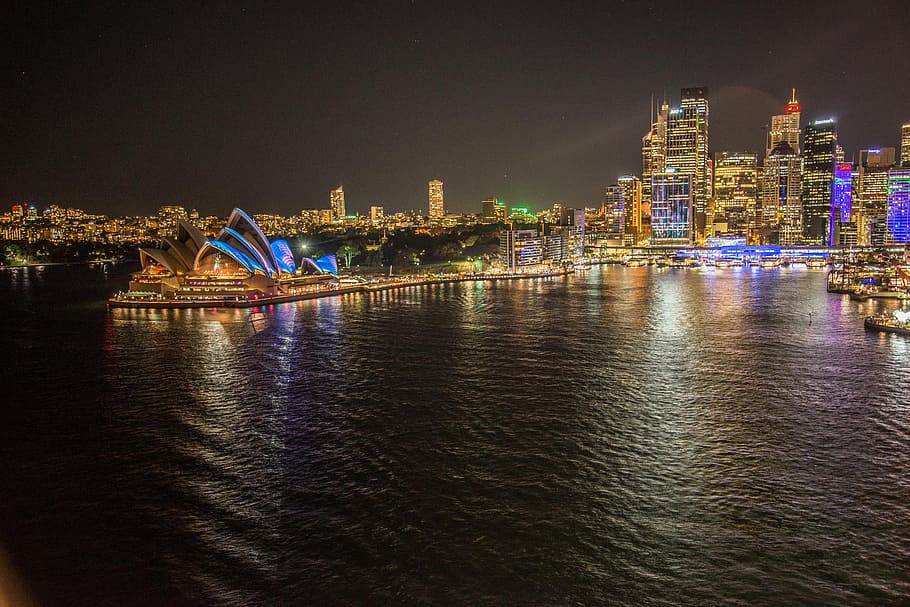 casa de ópera de sydney, austrália, período noturno, porto de sydney, noite, edifícios, show de luzes, reflexão, paisagem urbana, iluminado