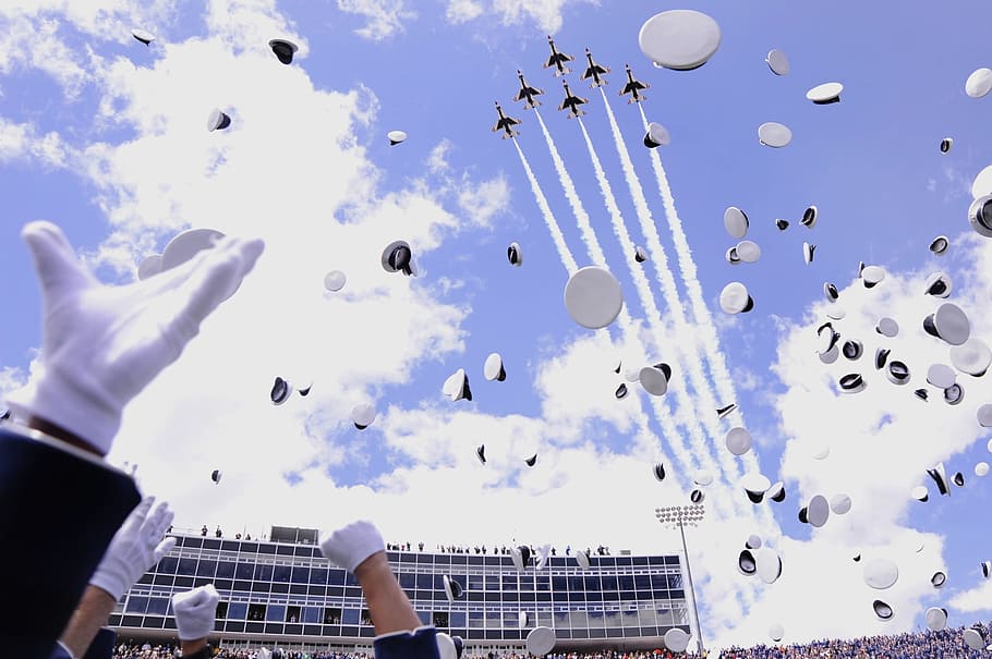 graduating, cadets, throwing, peakedcaps, air, usaf academy, colorado springs, sky, clouds, hats