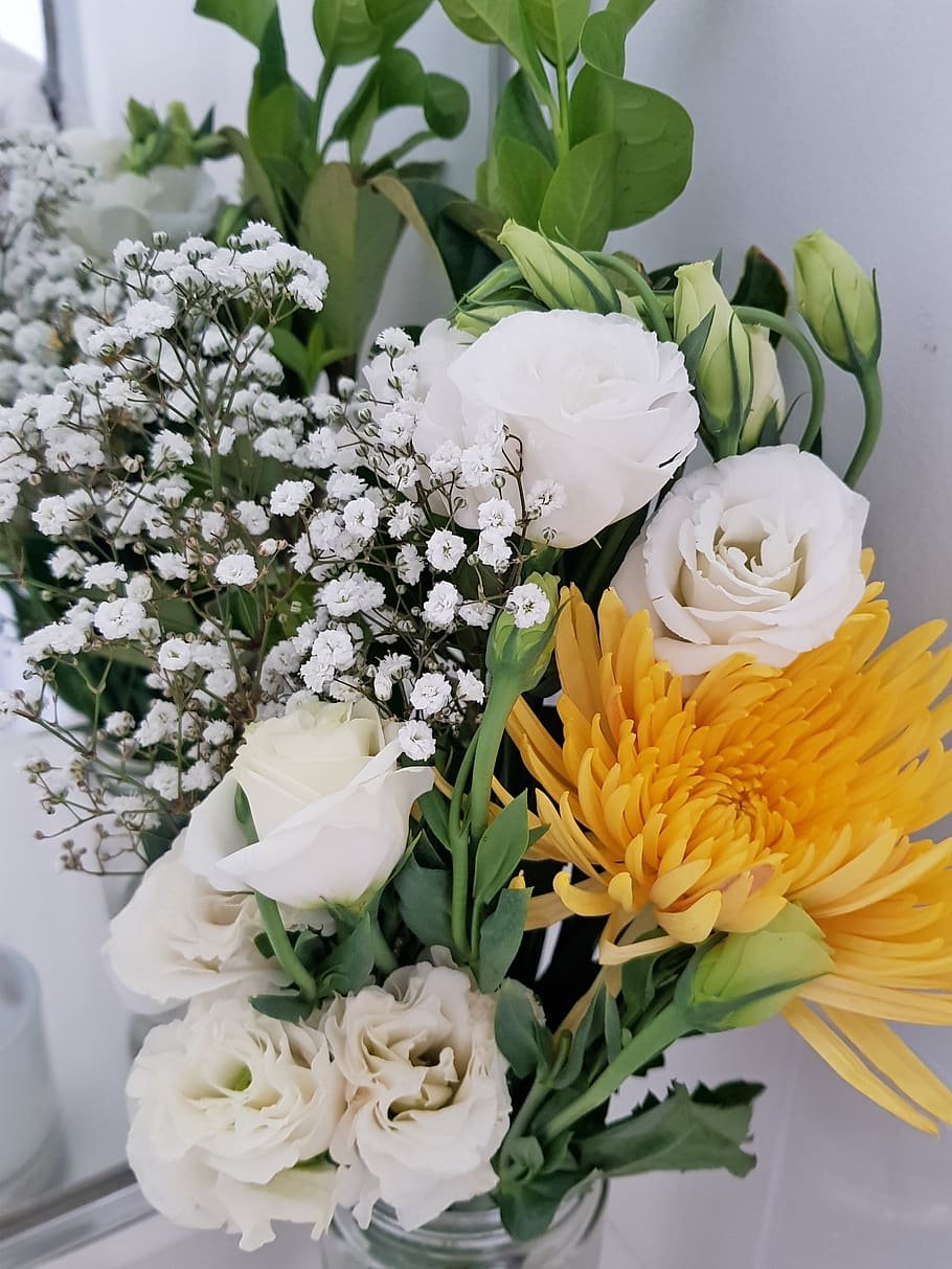 flowers, white roses, yellow, babies breath, floral, pretty, bouquet, wedding, rose, cluster