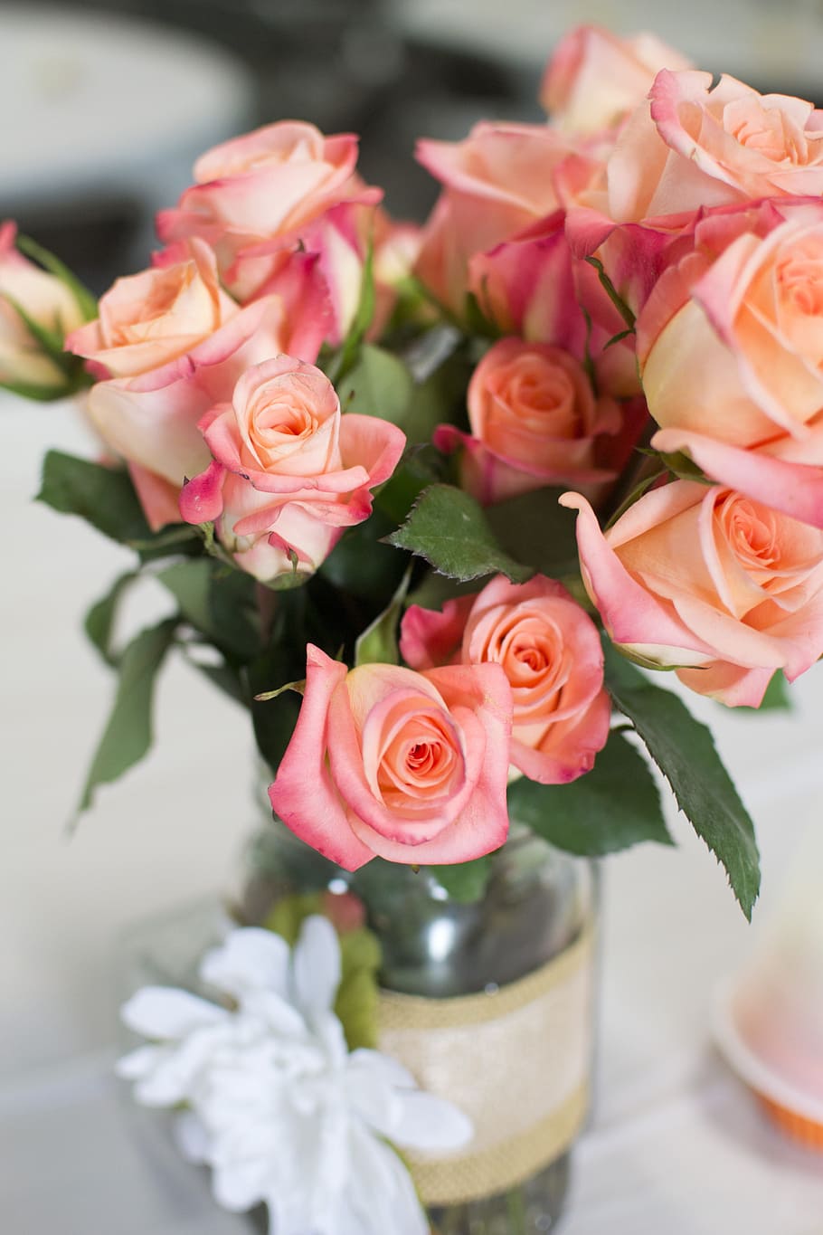 花束, ピンク, バラ, ガラスの花瓶, ガラス, 花瓶, 花, 結婚式, 結婚式の花, 愛