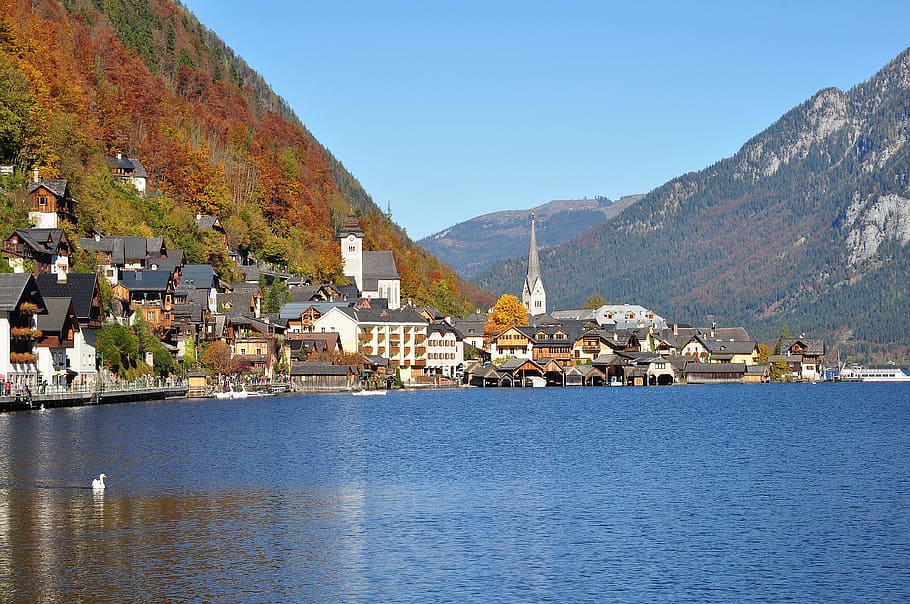 houses, body, water, blue, calm, sky, hallstatt, hallstättersee lake, world heritage, unesco world heritage