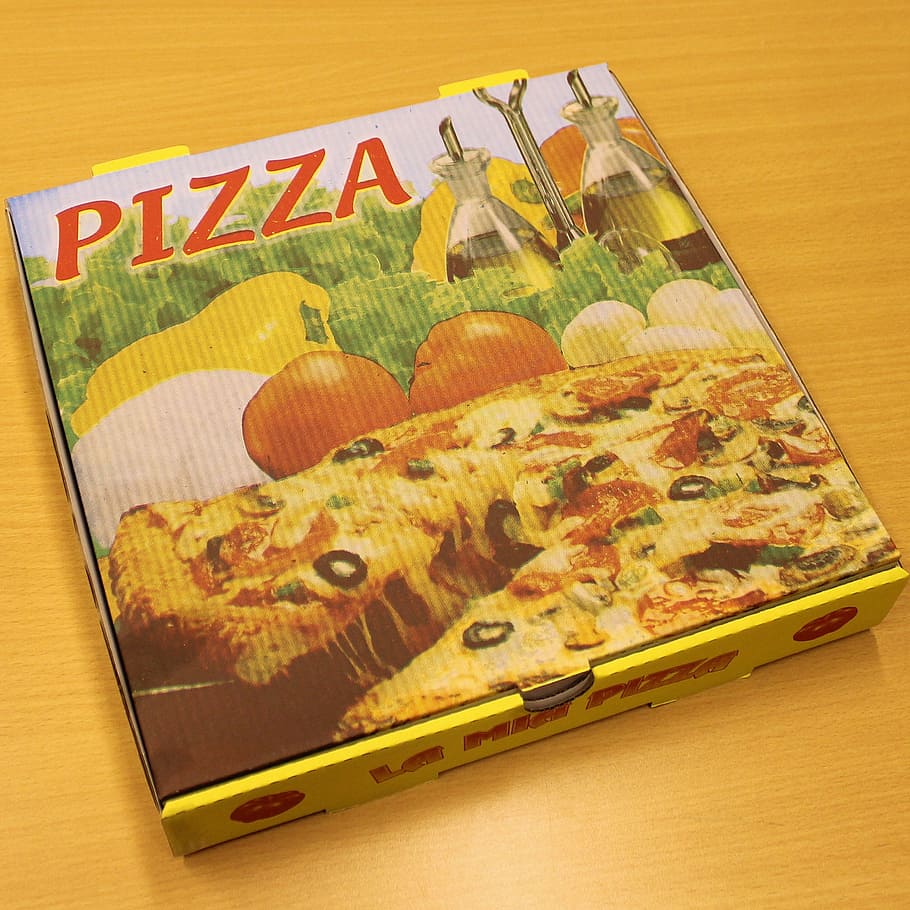 pizza, caixa de pizza, serviço de pizza, entrega, italianos, fast food, dentro de casa, vista de alto ângulo, comida, natureza morta