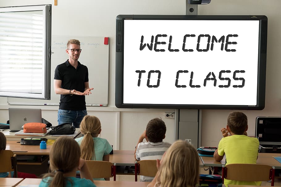 bem vindo, classe, sala de aula, professor, alunos, educação, sala, tela, placa, saudação