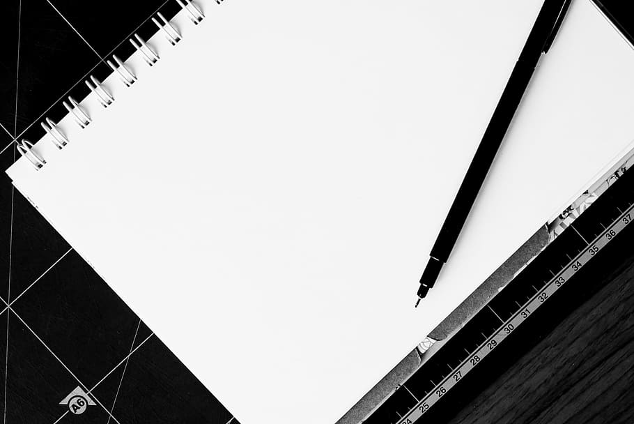 blanco, cuaderno, negro, bolígrafo, mesa, en blanco, escritorio, papel, nota, fondo