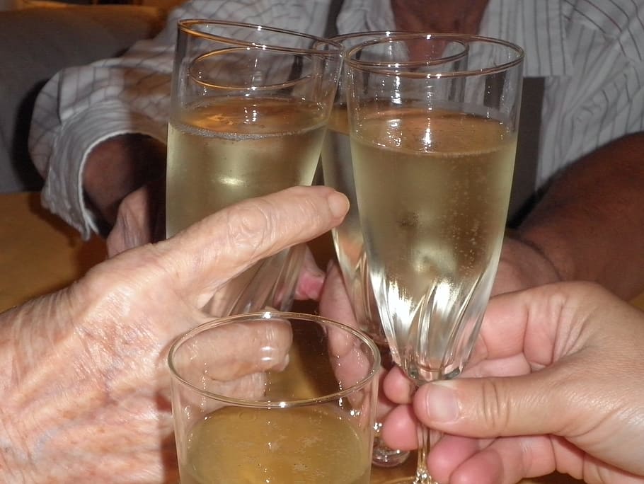 champagne, glasses, drink, hands, glass, abut, family, old, young, refreshment