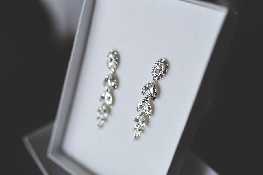 closeup, silver-colored, floral, drop earrings, box, silver, earrings, jewellery, wedding, jewelry
