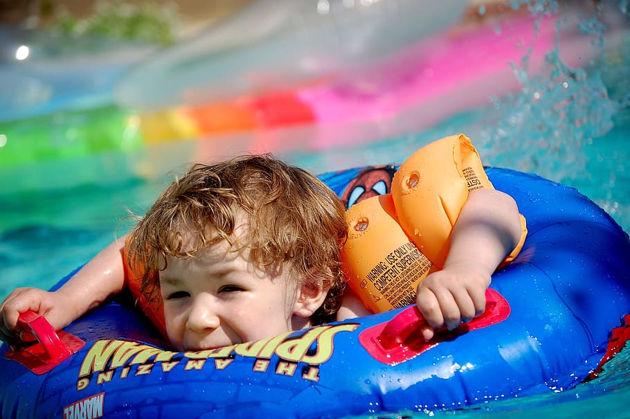 toddler, wearing, blue, inflatable, float, swimming, pool, child, swimming pool, buoy