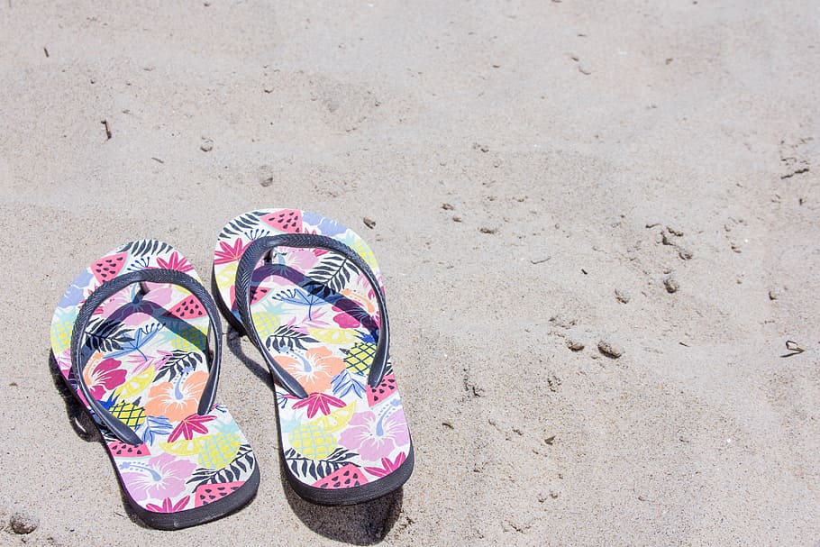 pair, pink, flip-flops, top, sand, sandals, flip flops, beach, shoe, land