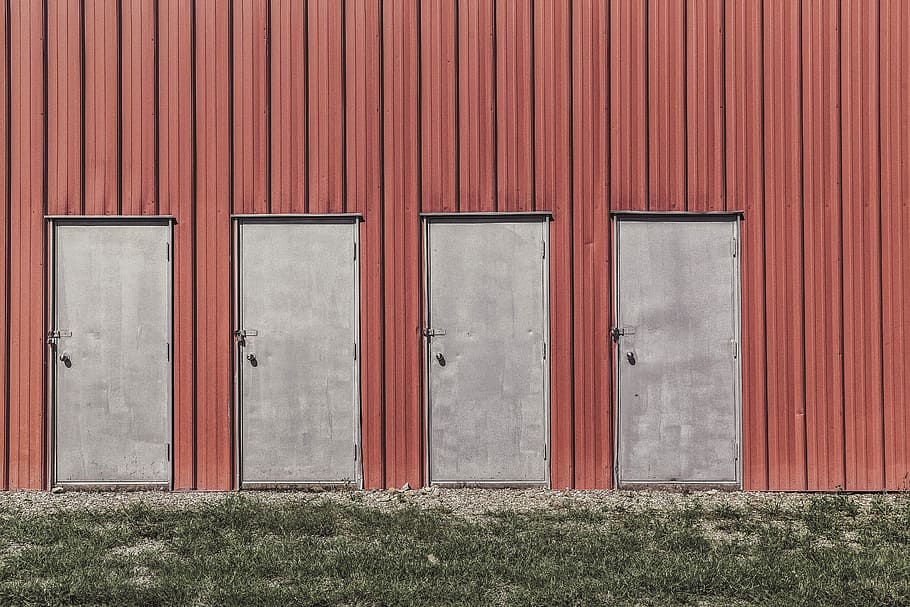 four, gray, metal doors, metal, doors, urban, lazy, building, warehouse, red