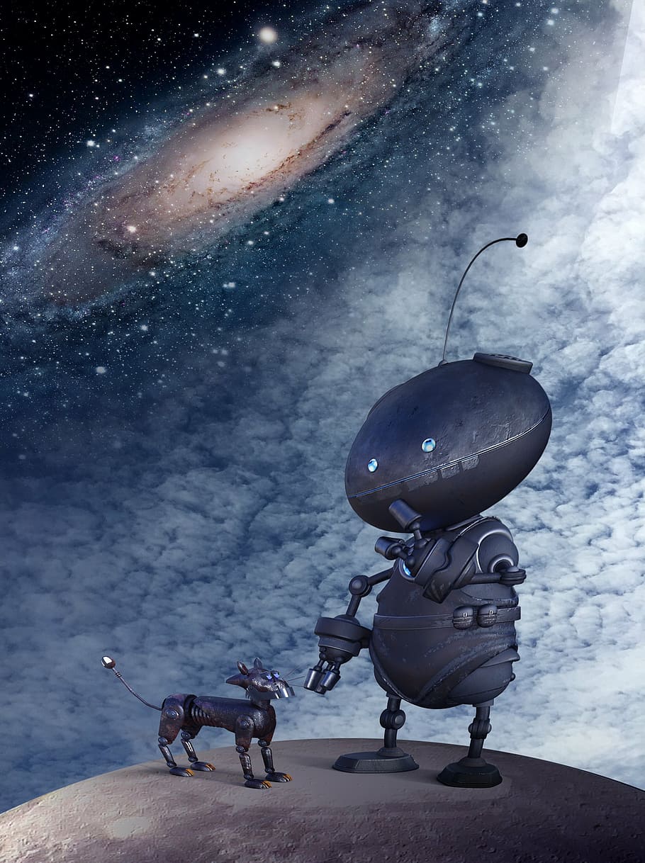 two, robots, galaxy wallpaper, home, lost, alone, cosmos, robot, space walk, mood