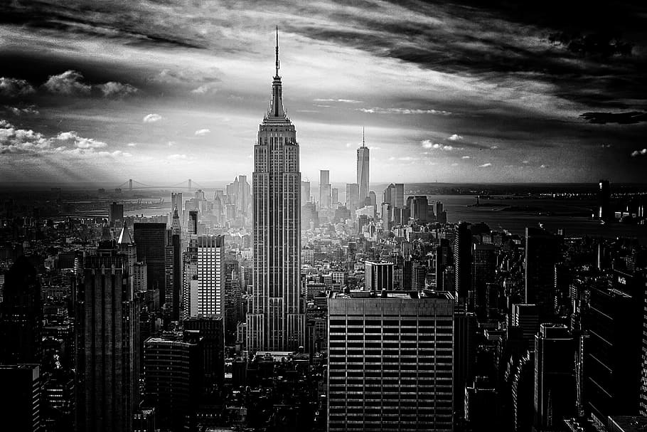 회색조 사진, 엠파이어 스테이트 빌딩, 뉴욕시, 맨해튼, 뉴욕, 미국, 건물, 도시의, 검정색과 흰색, 대도시