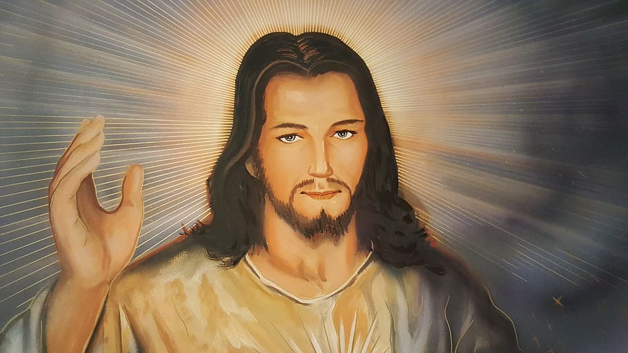 jesus mercy, jesus, painted frame, portrait, adult, one person, looking at camera, hair, headshot, young adult