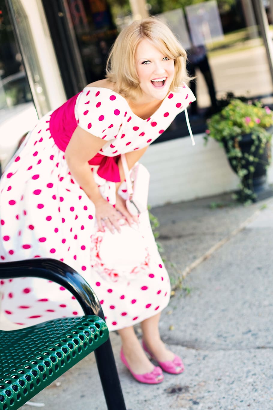 selective, focus photography, woman, white, pink, polka-dotted, dress, selective focus, photography, woman in white