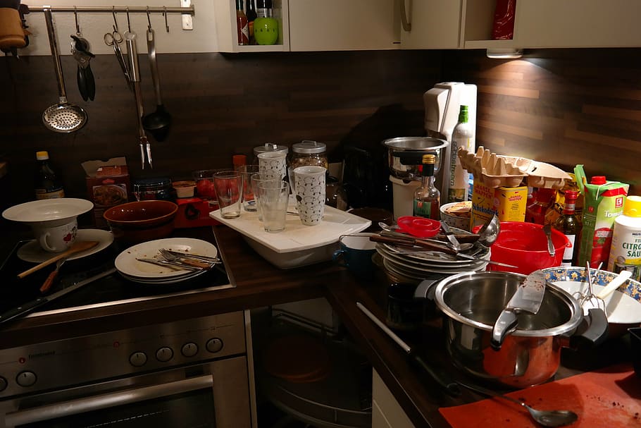 stainless, steel bowl, dinnerware, set, kitchen, a mess, unclean, tableware, cookware amp kitchen utensils, pots