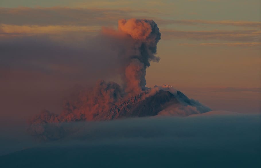 foto, meletus, gunung berapi, langit, awan, ledakan, asap, letusan, matahari terbenam, asap - struktur fisik