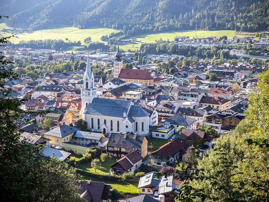 schladming, city, community, village, homes, mountains, town centre, church, architecture, building exterior