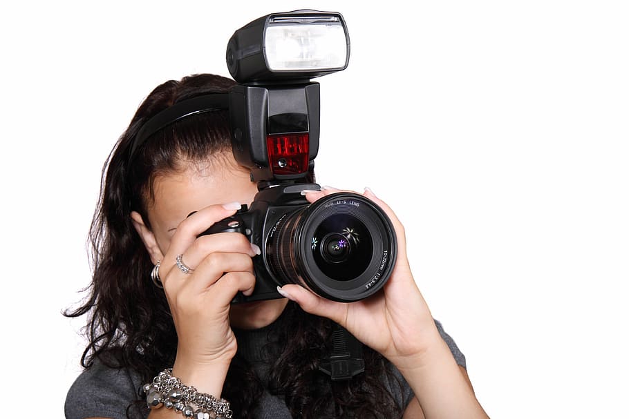 woman, wearing, black, top, holding, single-lens reflex camera, camera, digital, equipment, female