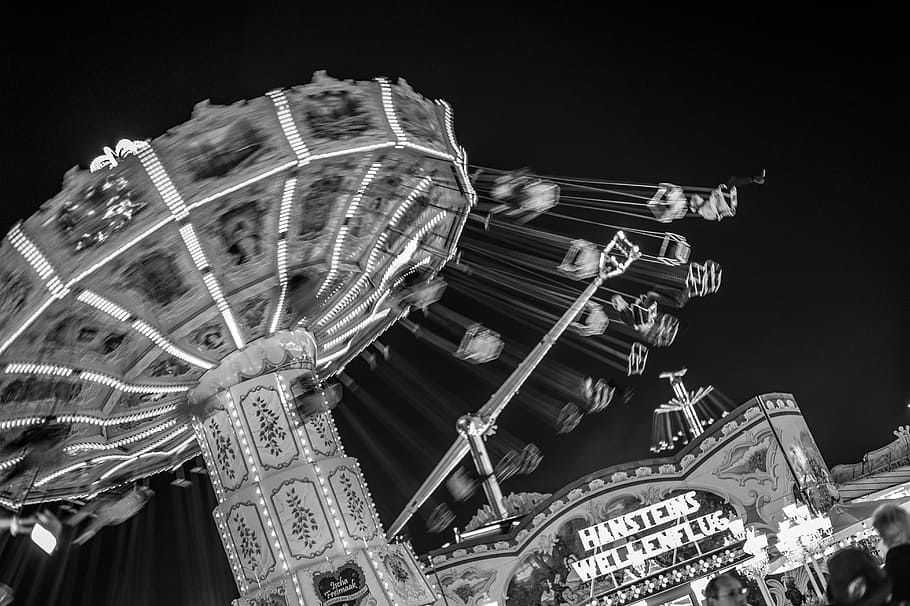 black white, funfair, funfair carousel, night, amusement park, arts culture and entertainment, amusement park ride, ferris wheel, rollercoaster, traveling carnival