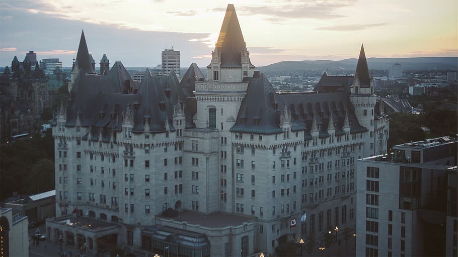 Chateau Laurier, hotel, Ottawa, Ontario, Canada, buildings, architecture, flags, sky, condos