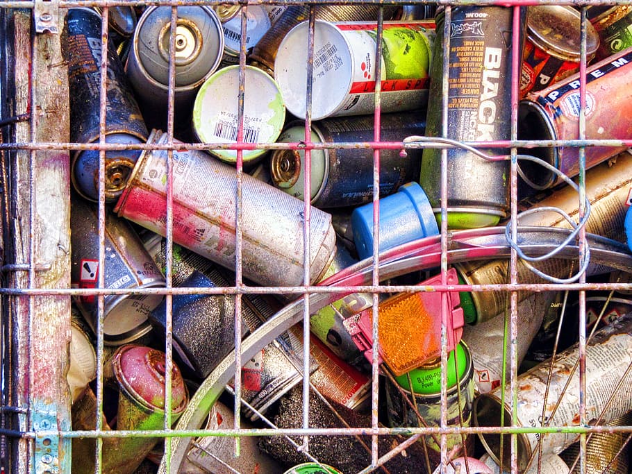 graffiti, cans of paint, spray, empty cans, grid, background, leipzig, plagwitz, large group of objects, multi colored
