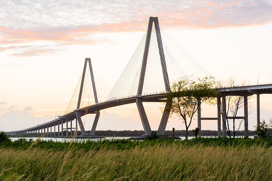 bridge during sunset, Bridge, Charleston, South, Southern, sunset, landscape, south carolina, carolina, river