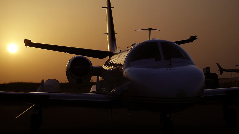 airplanes, cessna citation ii, sunset, silhouette, evening sky, airport, air vehicle, airplane, sky, transportation