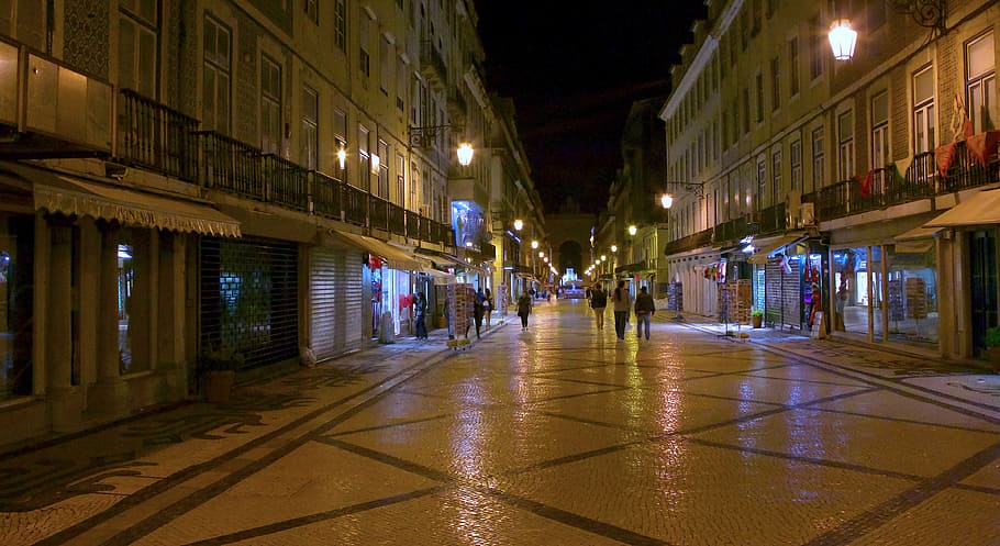 Baroque, streets, Lisbon, people, walking, street, buildings, nighttime, night, architecture