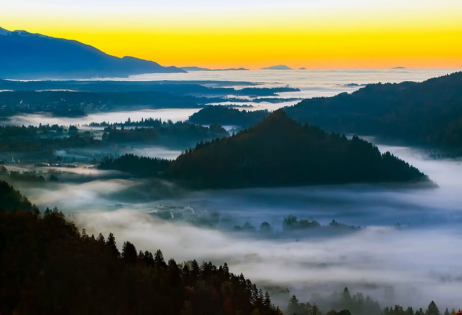 montanha, embaixo, dourado, hora, eslovénia, nascer do sol, amanhecer, manhã, nevoeiro, neblina
