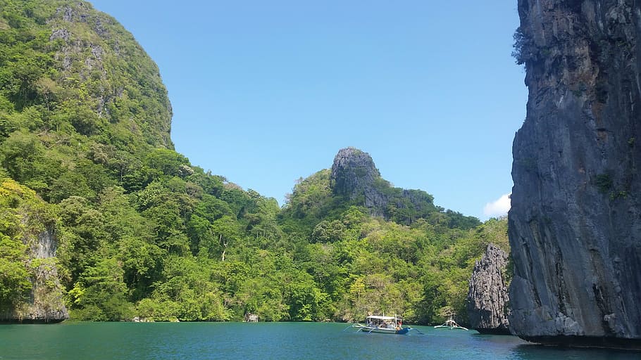 gray, boat, body, water, mountains, palawan, philippines, tropical, lagoon, el-nido