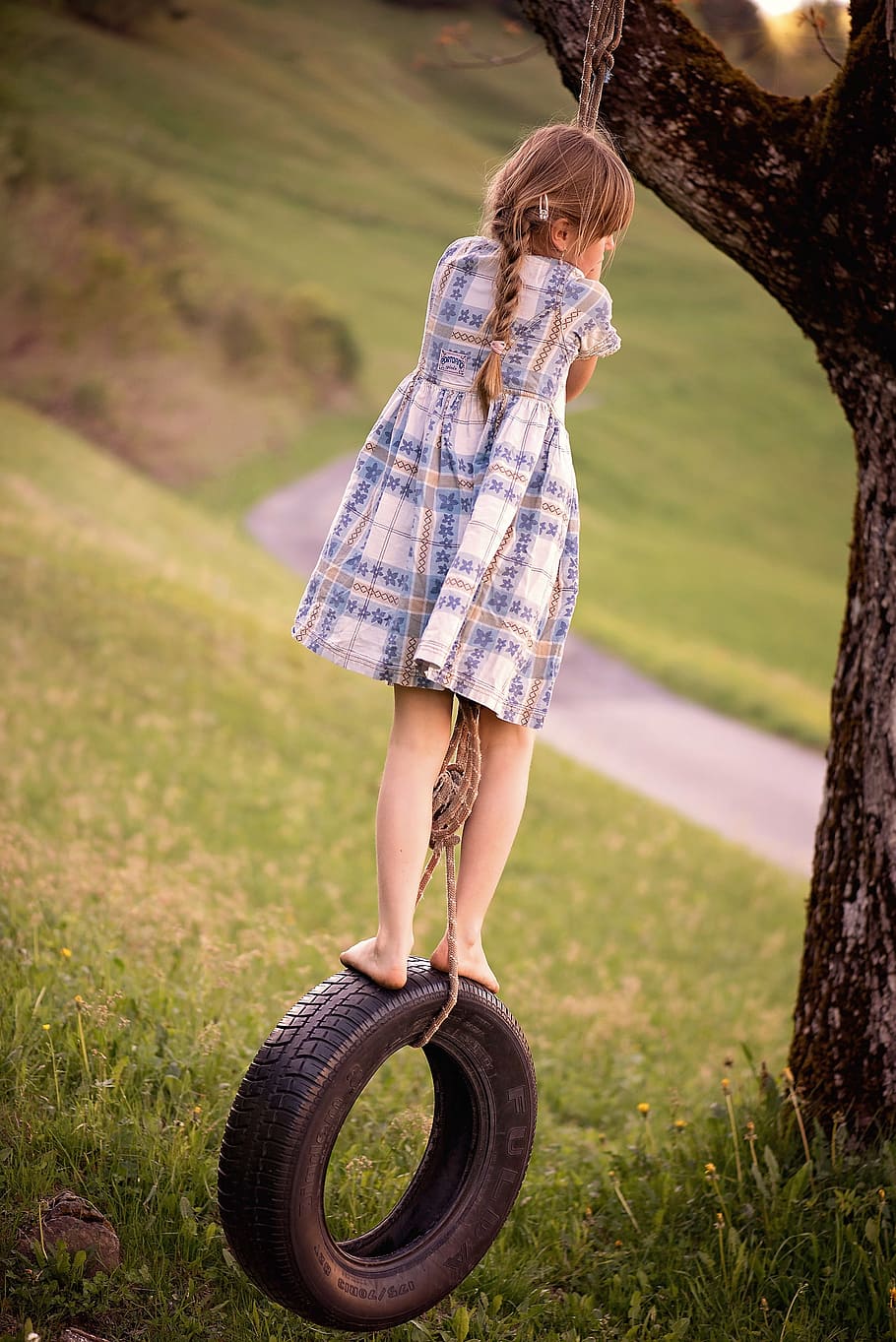 girl, ride, vehicle tire swing, human, person, child, blond, long hair, swing, tire swing