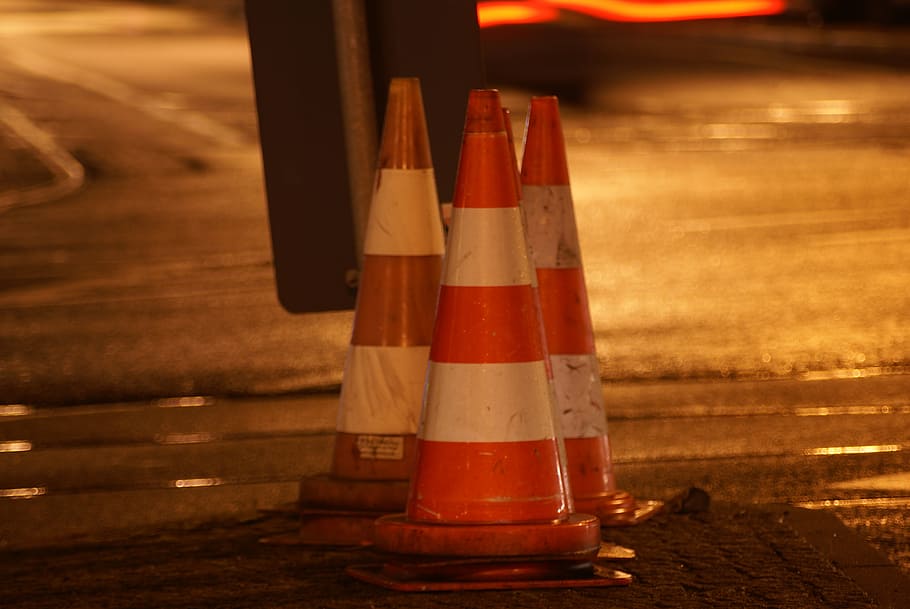 traffic, hat, traffic cone, red, white, warning, light, focus on foreground, safety, close-up