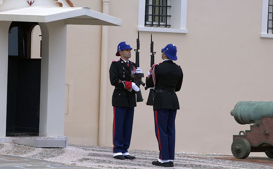 monaco, prince castle, Monaco, Prince, Castle, prince castle, changing of the guard, soldiers, full length, standing, two people