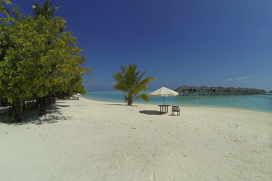 maldivas, playa, idilio, resort, complejo vacacional, isla, verano, sombrilla, mar, arena