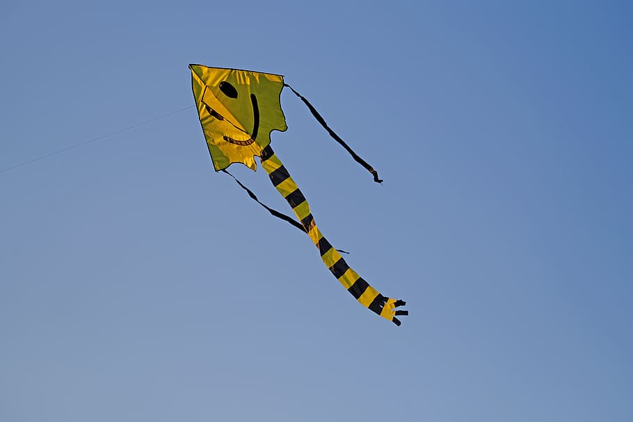 kite, fly, smiley, sky, clear sky, yellow, low angle view, blue, nature, day
