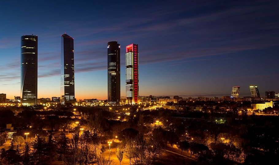 город, побег, ночь, Мадрид, Испания, Торрес, линия горизонта, таблица лидеров, небоскреб, Туризм