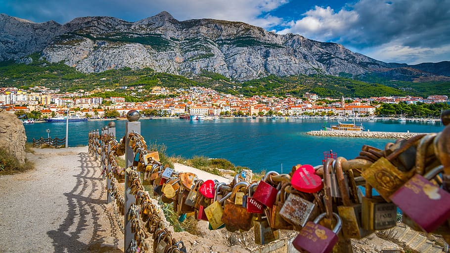 Makarska, kastil, kroasia, pelabuhan, laut Adriatik, kota, dalmatia, Mediterania, musim panas, gunung